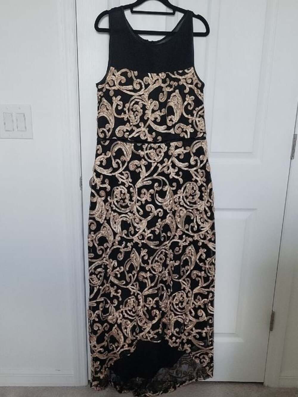 Connected Apparel Black Gold Embroidered Mesh Cocktail Dress Size 10
